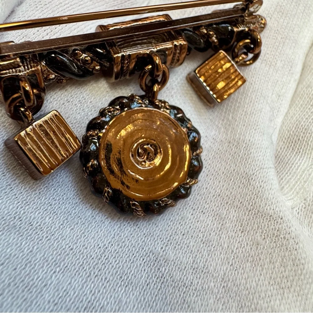 St John Vintage Enamel Bar Pin Brooch Brown Glass Crystal Dangling Charms